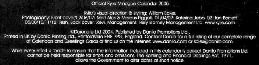 KYLIE MINOGUE CALENDARIO 2005