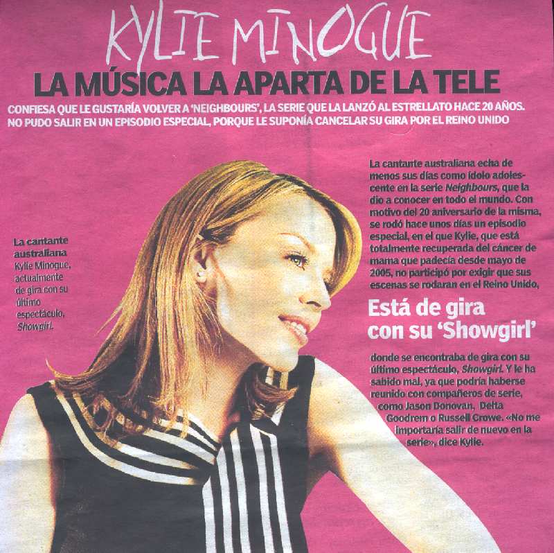 KYLIE MINOGUE EN EL DIARIO 20 MINUTOS DEL MIERCOLES DIA 15 DE FEBRERO DE 2006